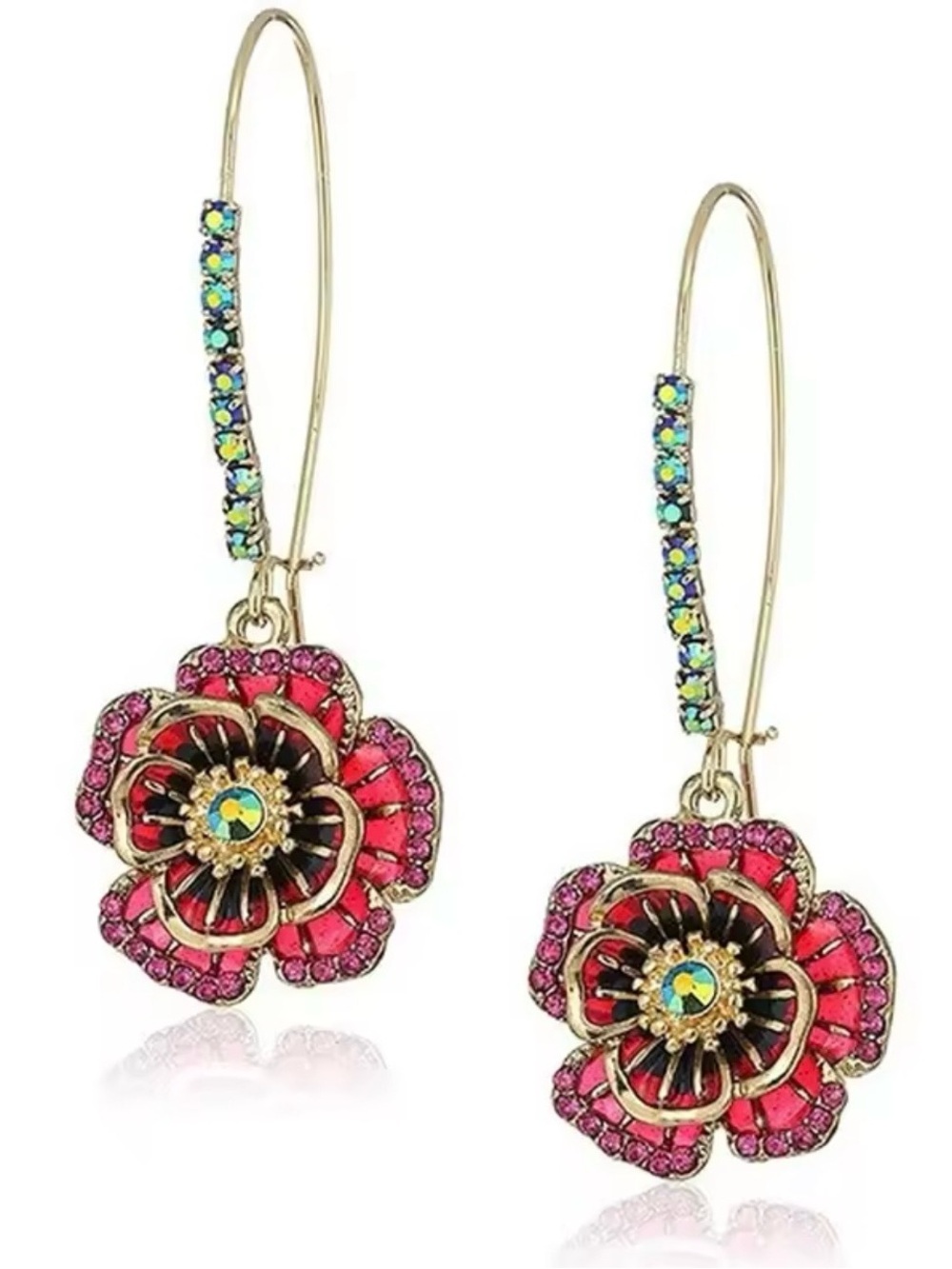 Betsey Johnson Pink Floral Drop Exquisite Rose Crystal Red Enamel Gold tone hook